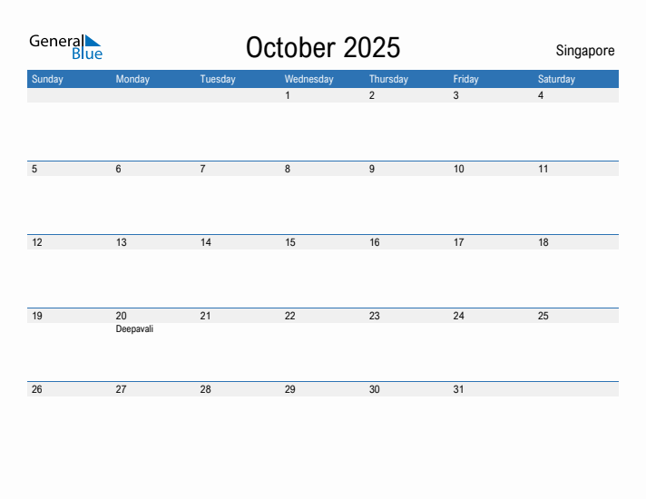 Editable October 2025 Calendar with Singapore Holidays