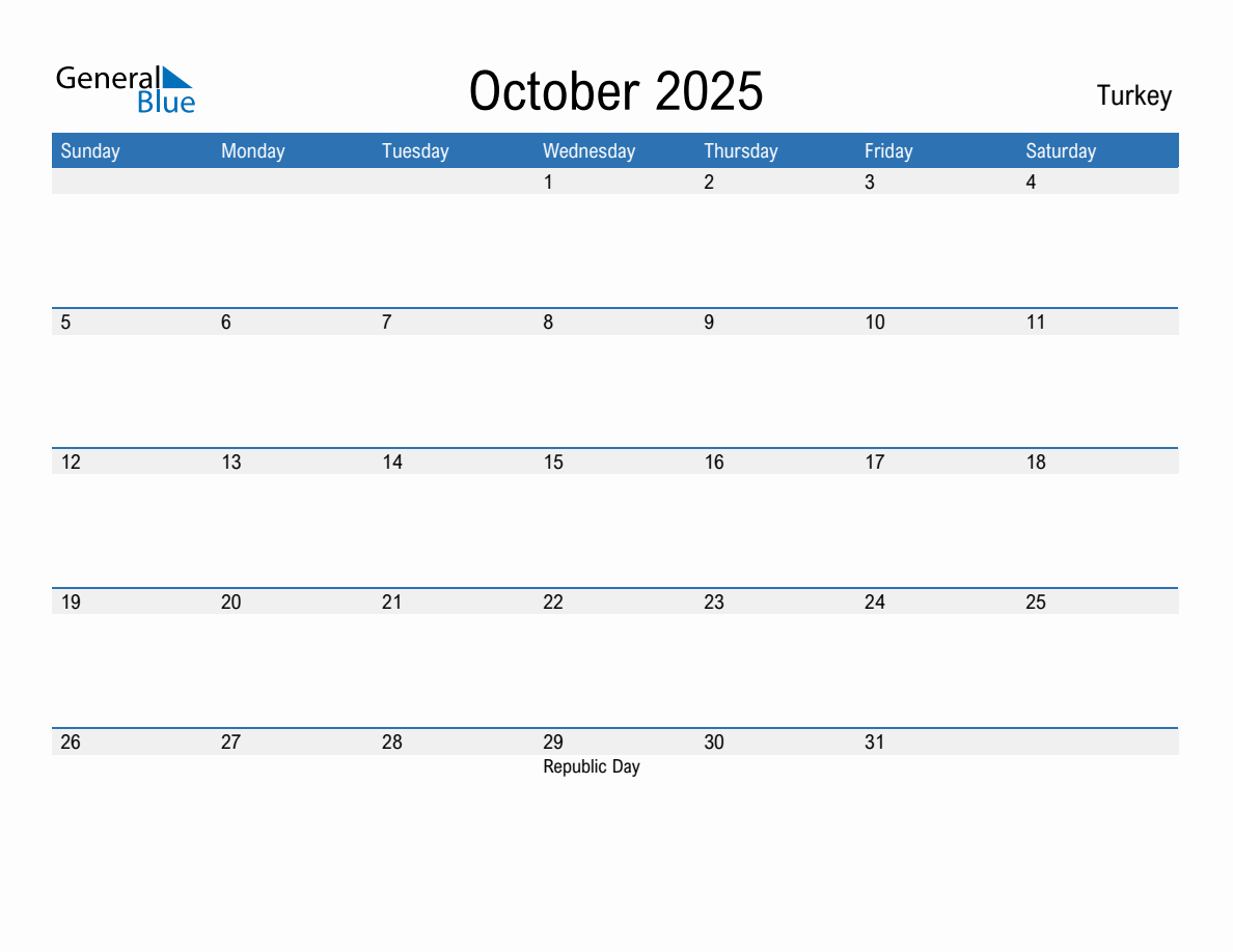 Editable October 2025 Calendar with Turkey Holidays