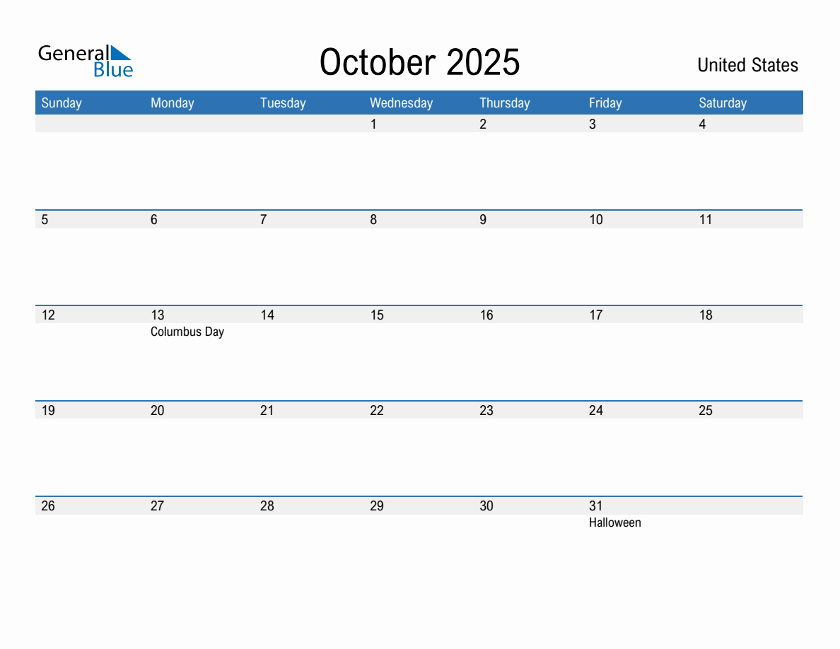 Editable October 2025 Calendar with United States Holidays