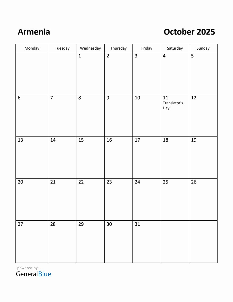 Free Printable October 2025 Calendar for Armenia