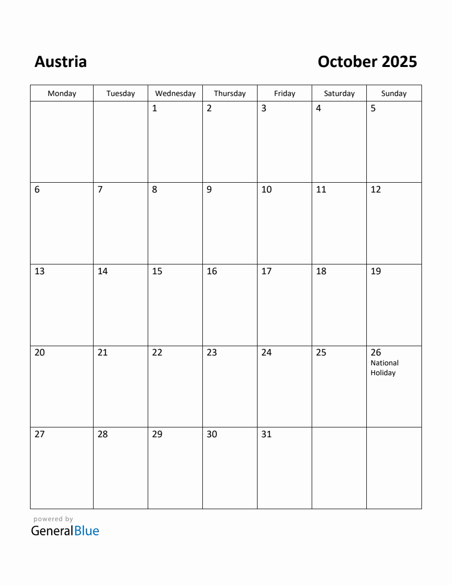 Free Printable October 2025 Calendar for Austria