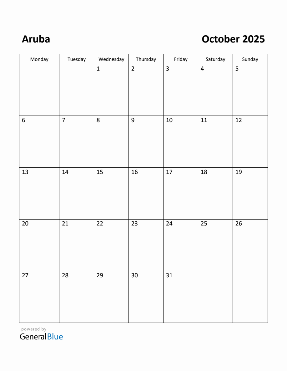 Free Printable October 2025 Calendar for Aruba