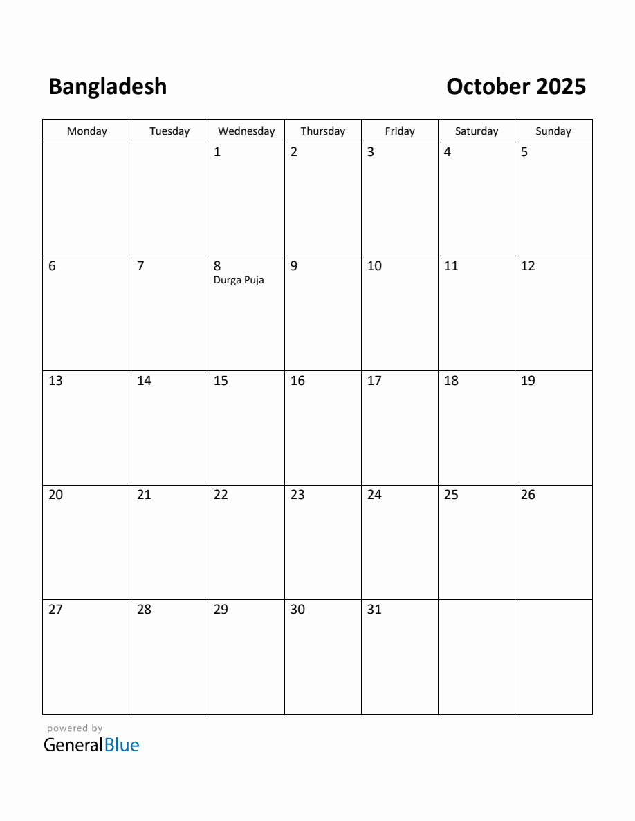 Free Printable October 2025 Calendar for Bangladesh