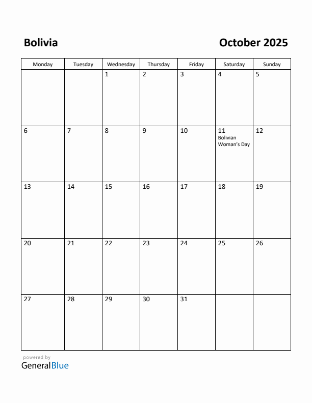 October 2025 Calendar with Bolivia Holidays