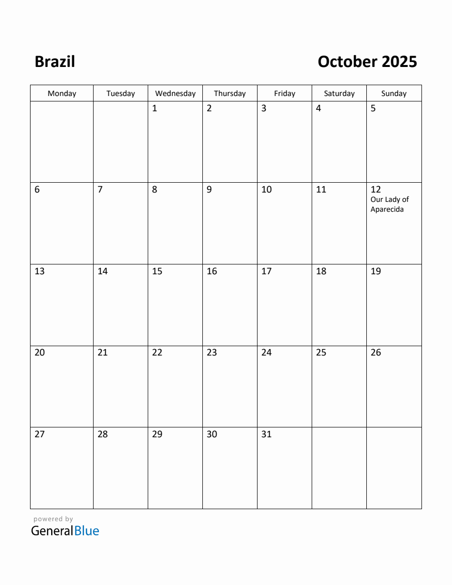 Free Printable October 2025 Calendar for Brazil