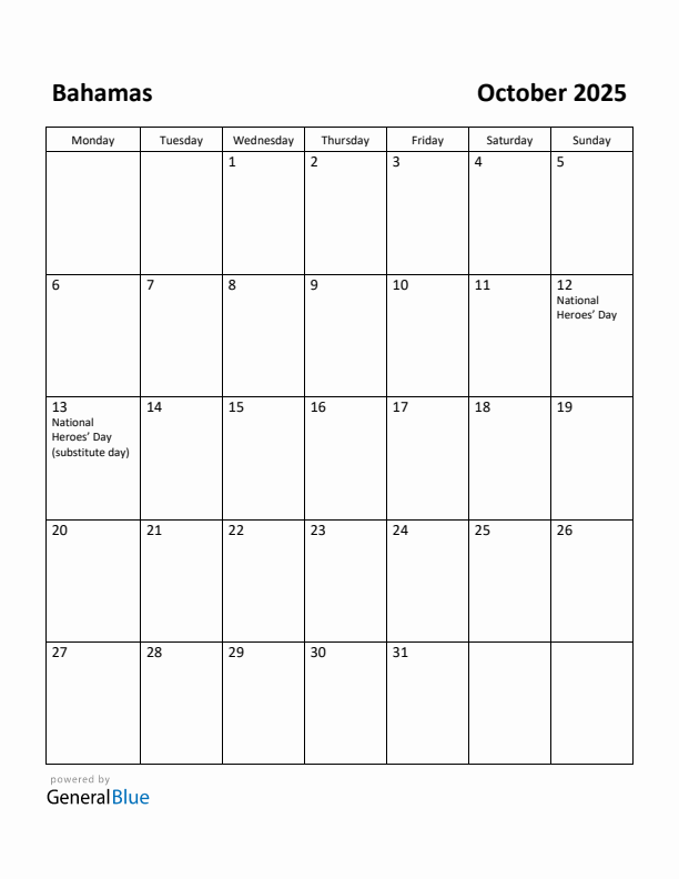 October 2025 Calendar with Bahamas Holidays