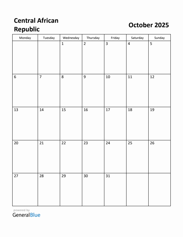 October 2025 Calendar with Central African Republic Holidays