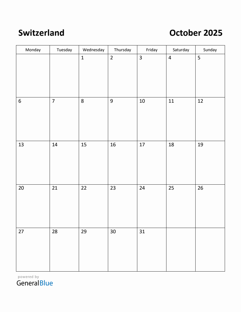 Free Printable October 2025 Calendar for Switzerland