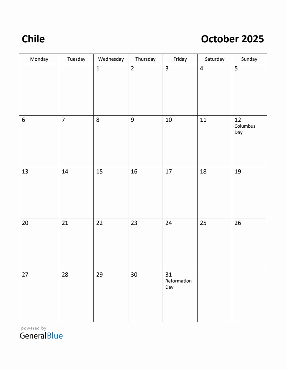 Free Printable October 2025 Calendar for Chile