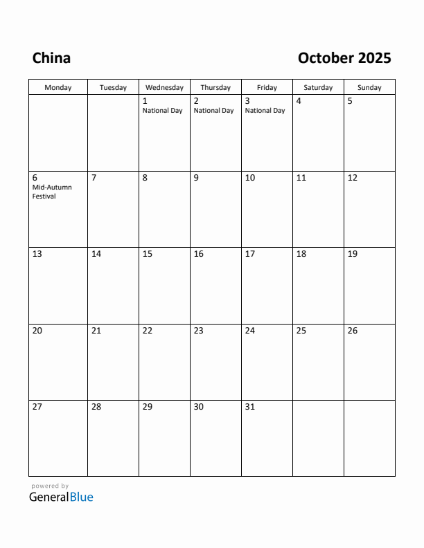 Free Printable October 2025 Calendar for China