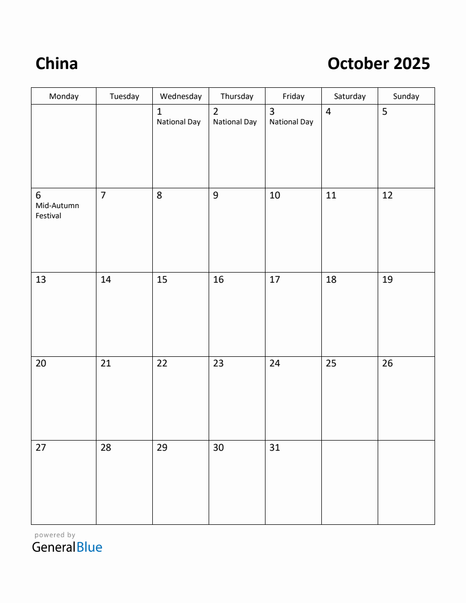 Free Printable October 2025 Calendar for China