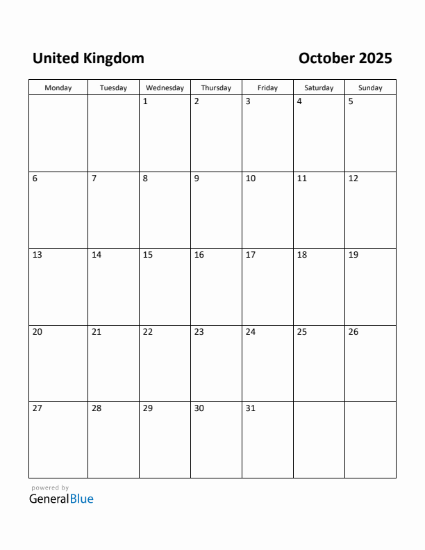 Free Printable October 2025 Calendar for United Kingdom