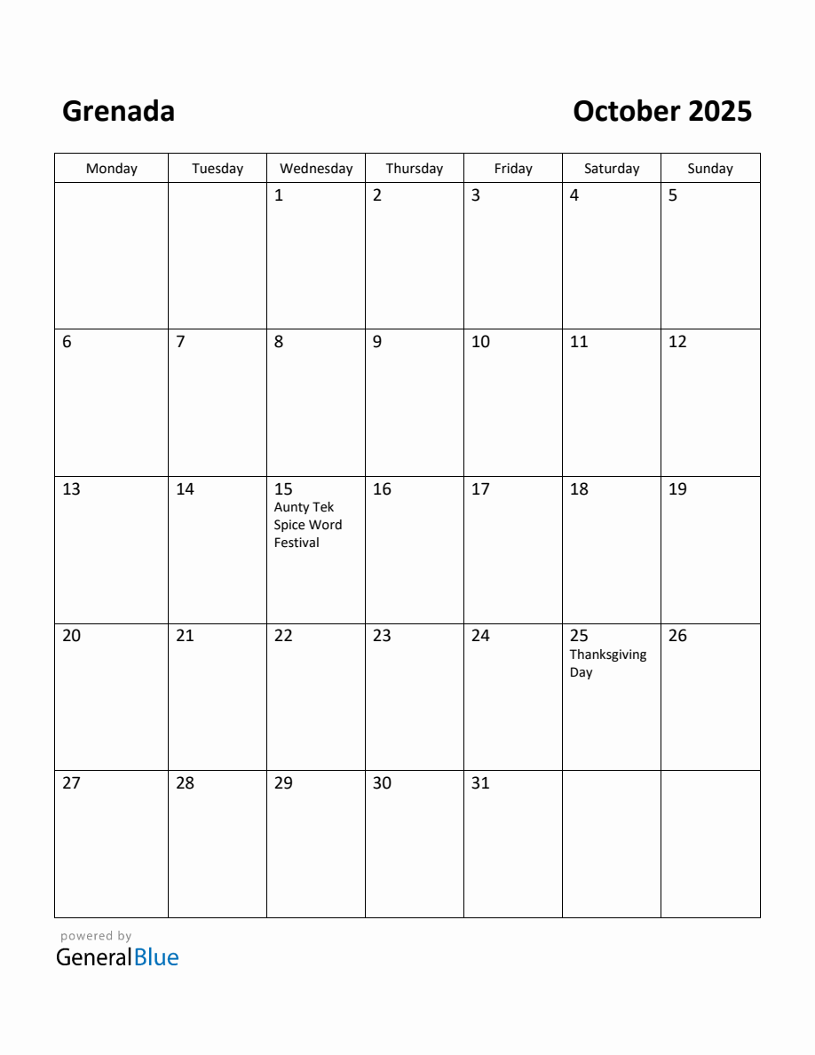 Free Printable October 2025 Calendar for Grenada