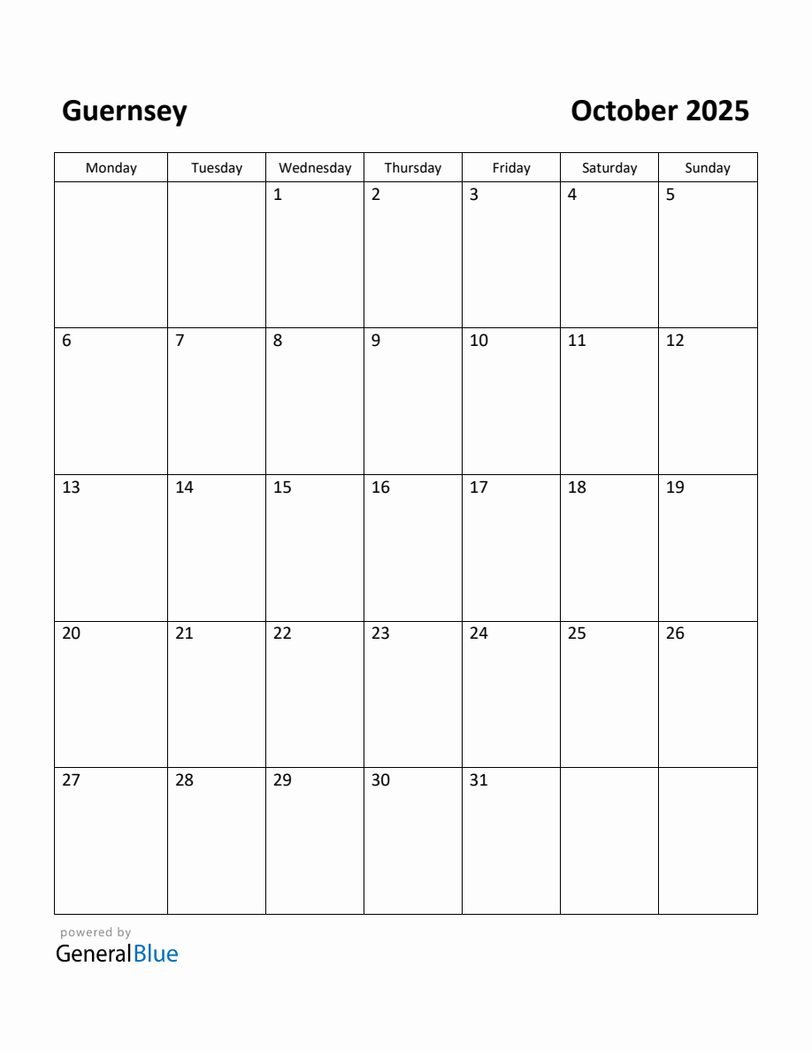 Free Printable October 2025 Calendar for Guernsey