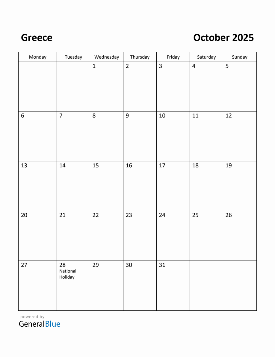 Free Printable October 2025 Calendar for Greece