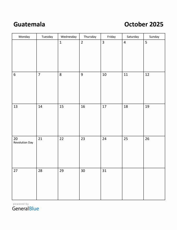 October 2025 Calendar with Guatemala Holidays