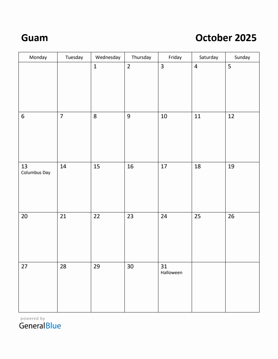 Free Printable October 2025 Calendar for Guam