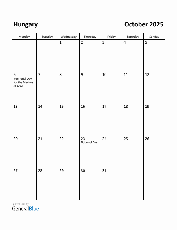 October 2025 Calendar with Hungary Holidays