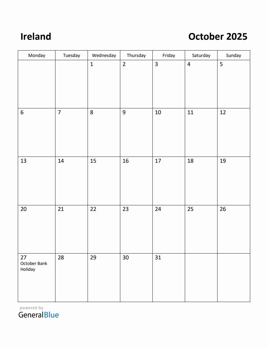 Free Printable October 2025 Calendar for Ireland