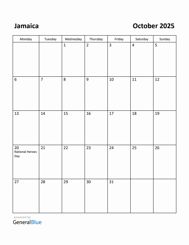 Free Printable October 2025 Calendar for Jamaica