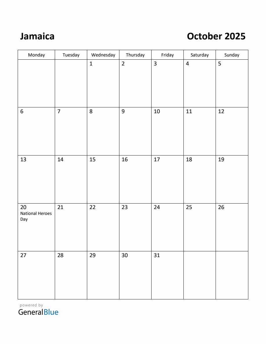 Free Printable October 2025 Calendar for Jamaica