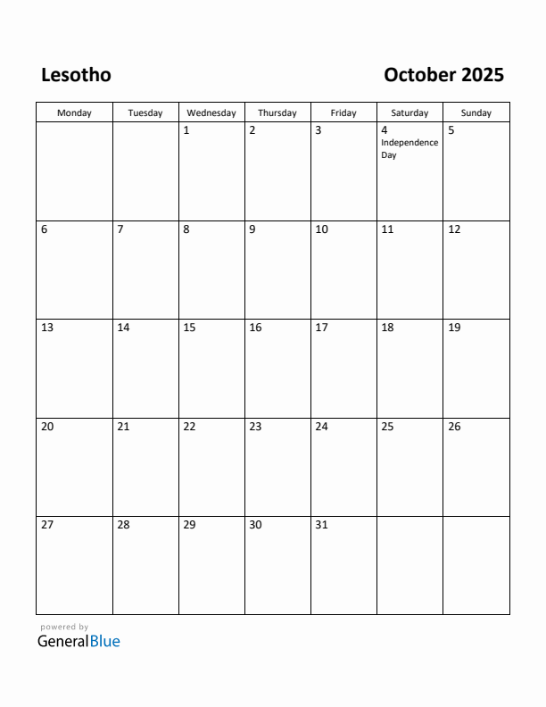 October 2025 Calendar with Lesotho Holidays