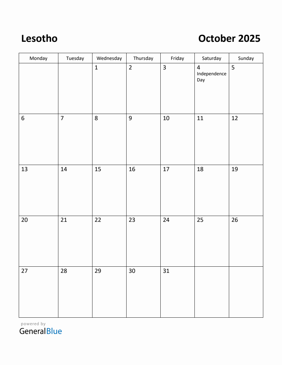 Free Printable October 2025 Calendar for Lesotho