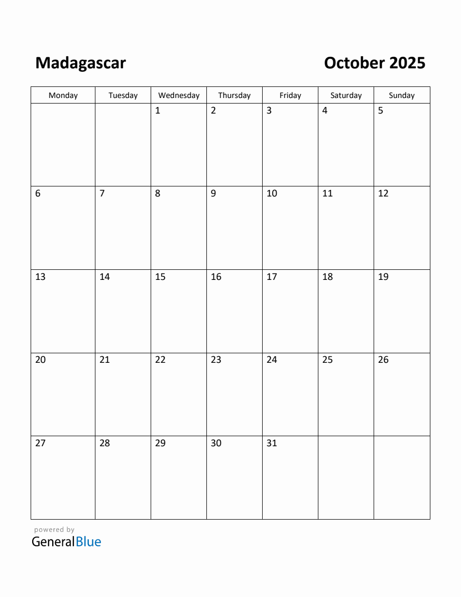 Free Printable October 2025 Calendar for Madagascar