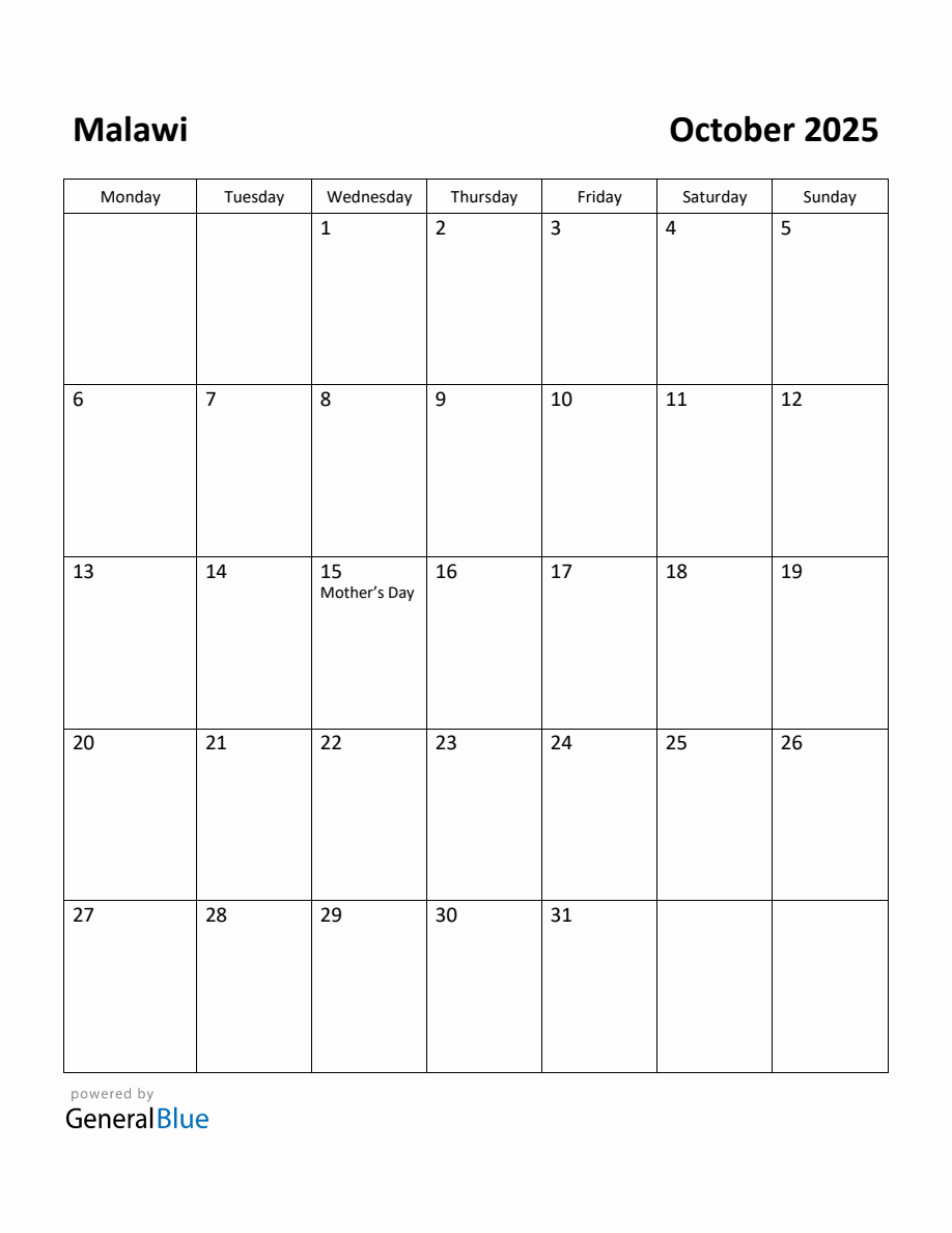 Free Printable October 2025 Calendar for Malawi