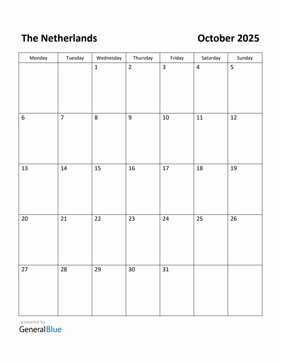 Free Printable October 2025 Calendar for Netherlands