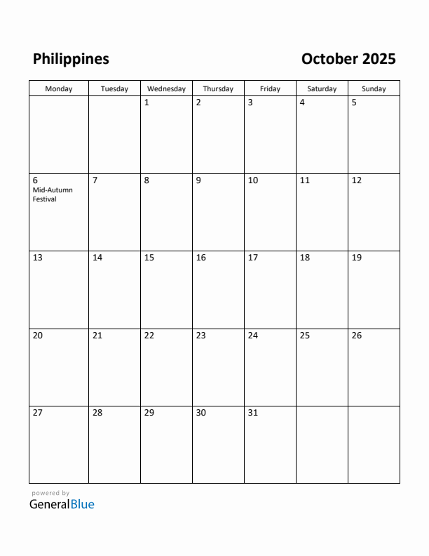 October 2025 Calendar with Philippines Holidays
