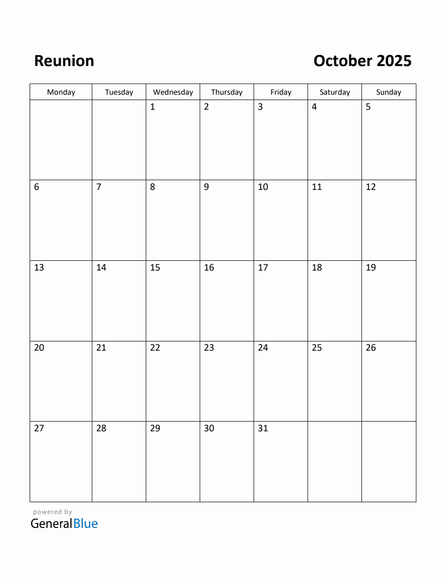 Free Printable October 2025 Calendar for Reunion
