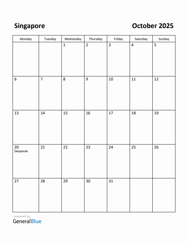 October 2025 Calendar with Singapore Holidays