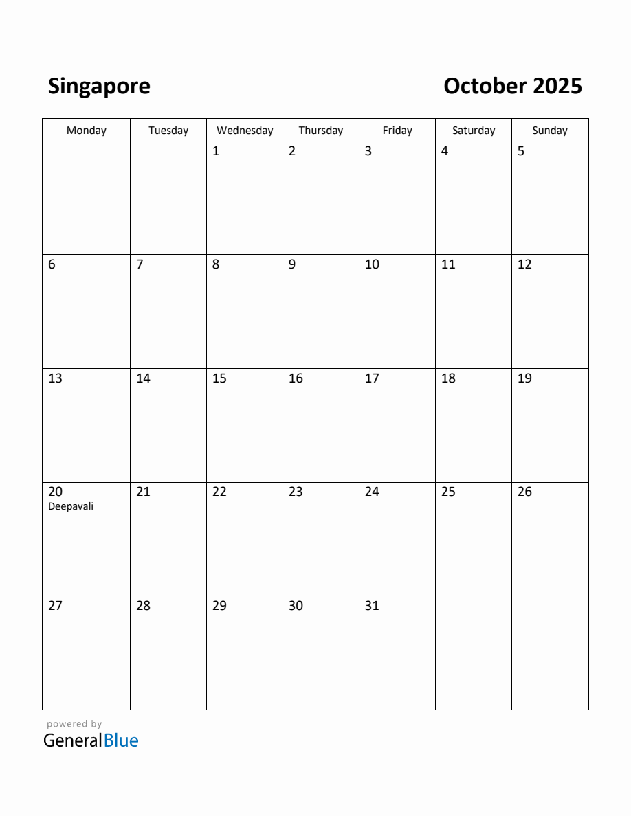 Free Printable October 2025 Calendar for Singapore