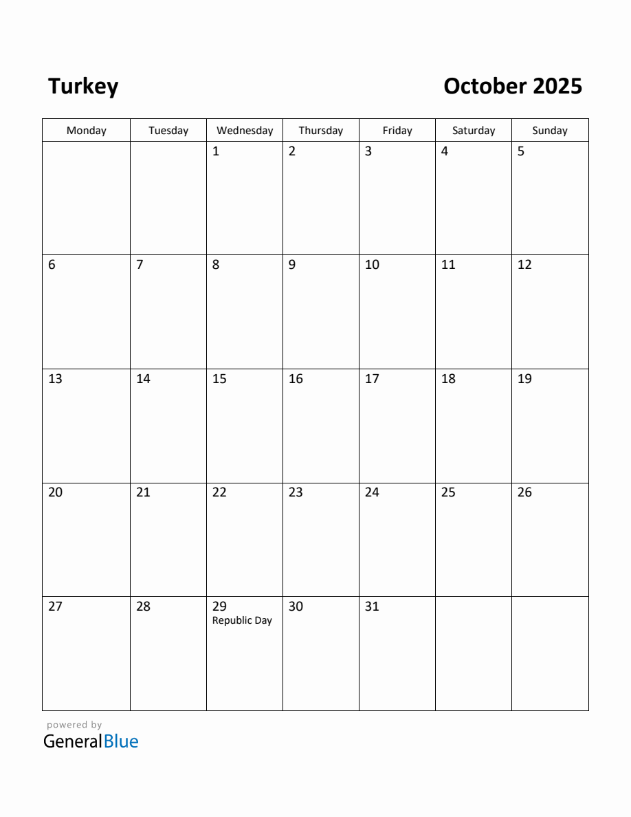 Free Printable October 2025 Calendar for Turkey