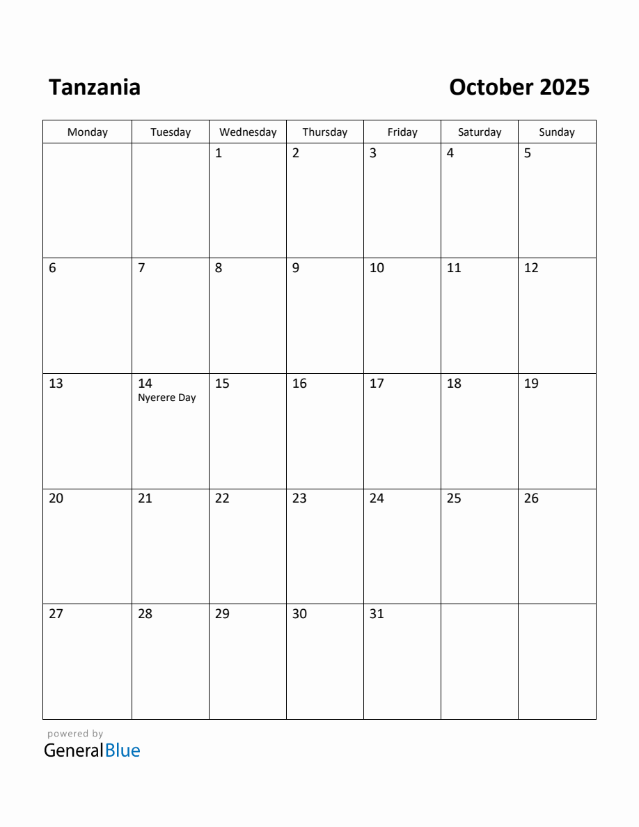 Free Printable October 2025 Calendar for Tanzania