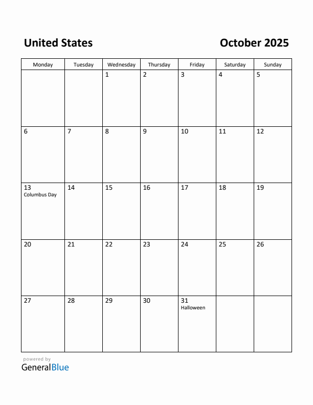 Free Printable October 2025 Calendar for United States