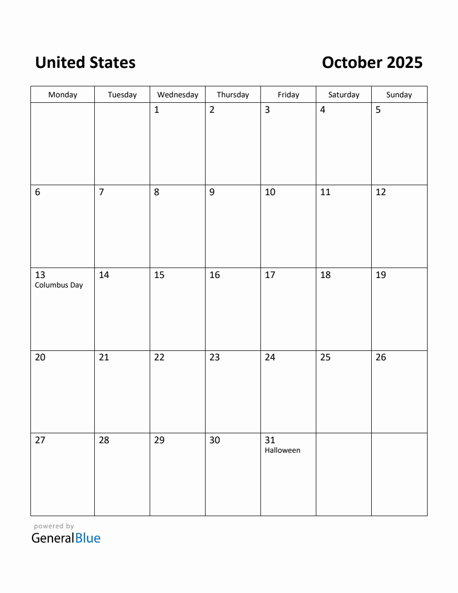 Free Printable October 2025 Calendar for United States