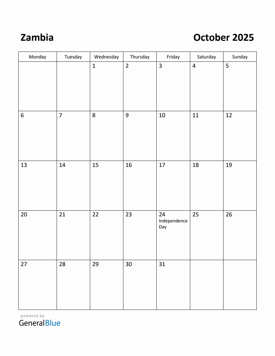 Free Printable October 2025 Calendar for Zambia