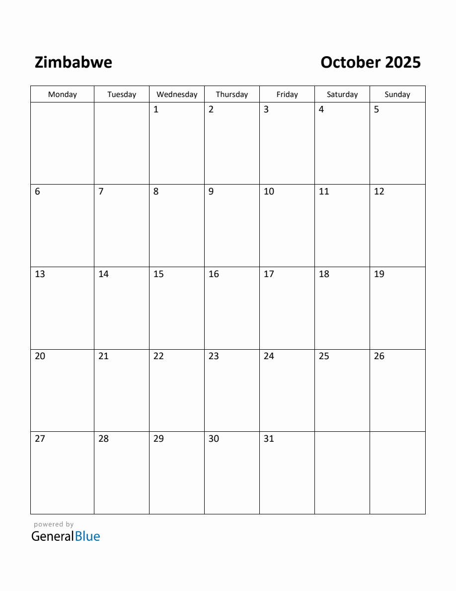 Free Printable October 2025 Calendar for Zimbabwe