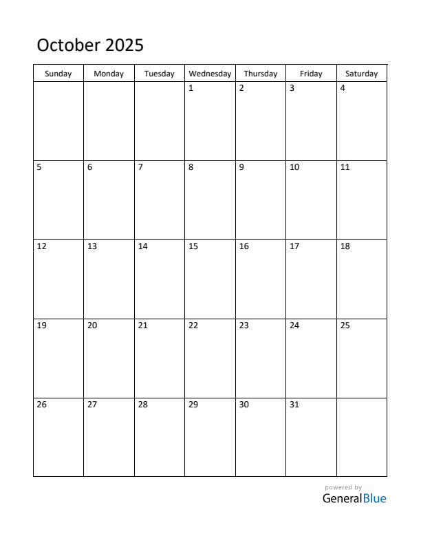 Sunday Start Calendar for October 2025