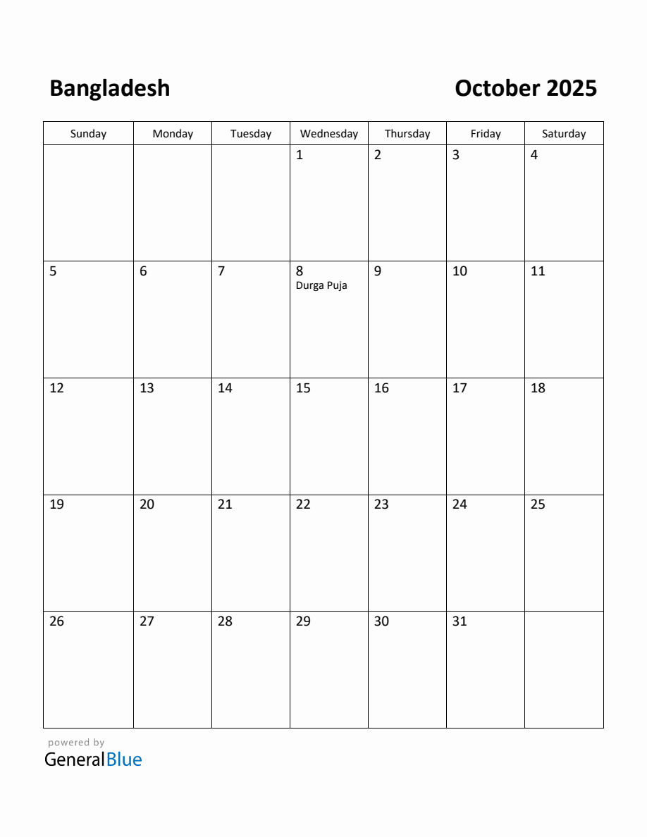 Free Printable October 2025 Calendar for Bangladesh