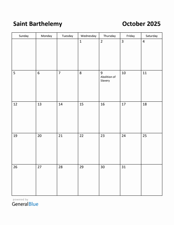 October 2025 Calendar with Saint Barthelemy Holidays
