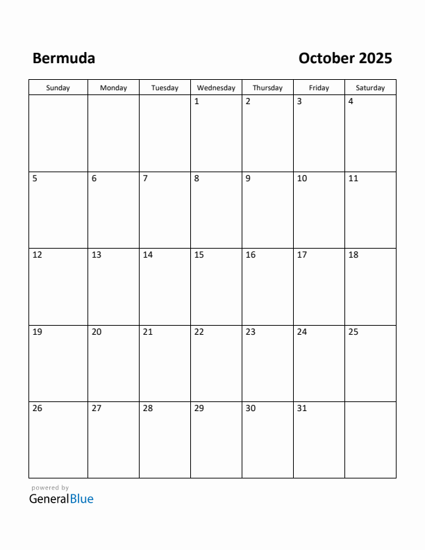 Free Printable October 2025 Calendar for Bermuda
