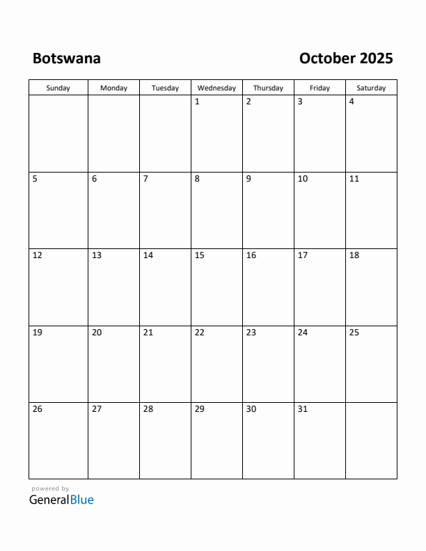 October 2025 Calendar with Botswana Holidays