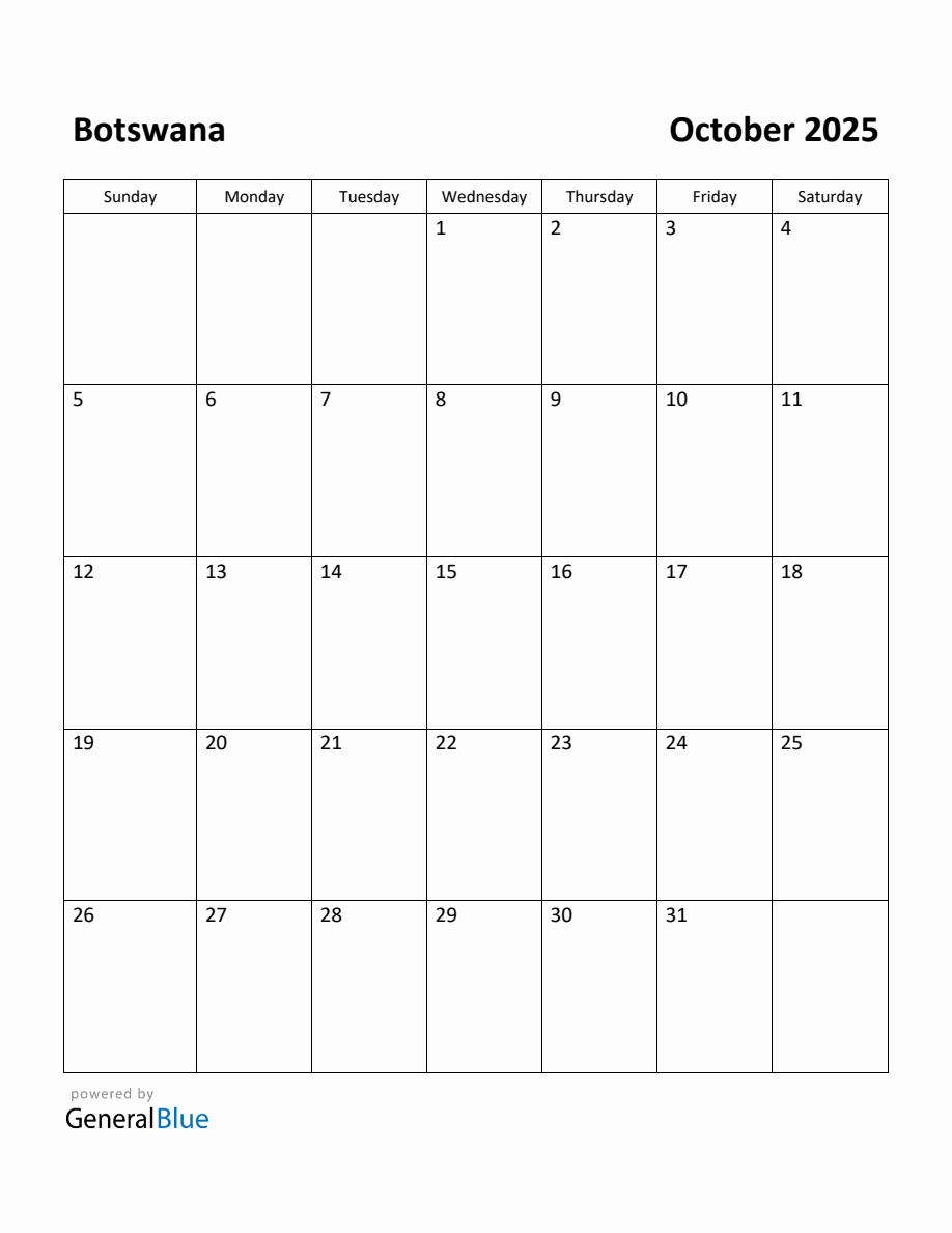 Free Printable October 2025 Calendar for Botswana