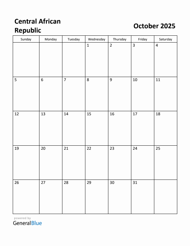 October 2025 Calendar with Central African Republic Holidays