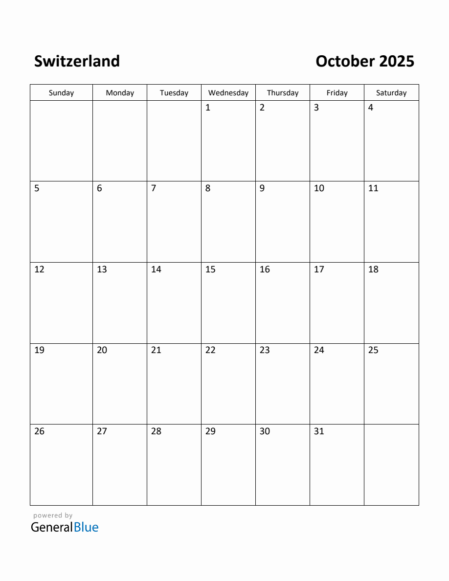 Free Printable October 2025 Calendar for Switzerland