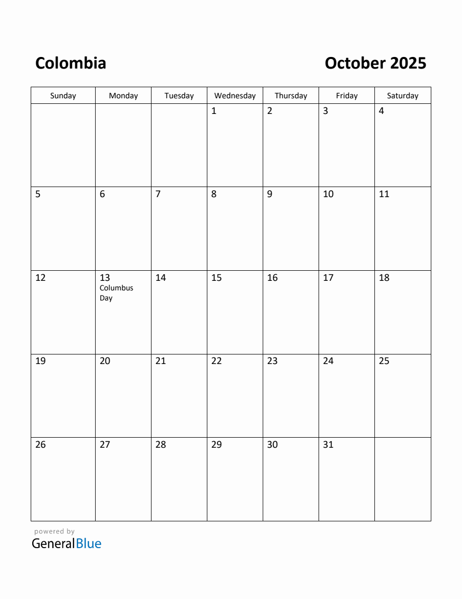 Free Printable October 2025 Calendar for Colombia