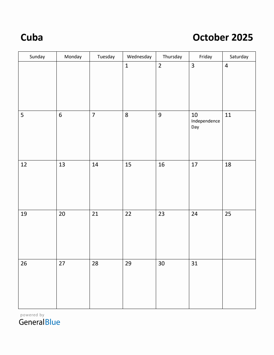 Free Printable October 2025 Calendar for Cuba